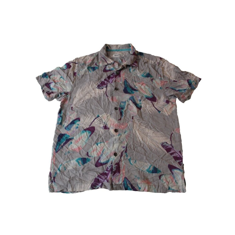 Tommy Bahama Mens Medium Tropical Leaf Print Silk Camp Hawaiian Shirt